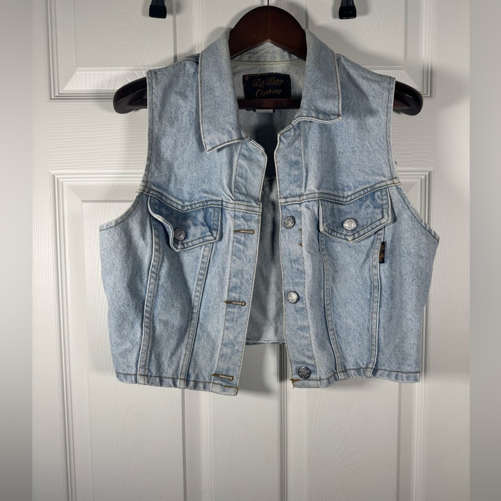 Vintage BeBop Light Denim Cropped Button Vest Jacket Collared Size Medium